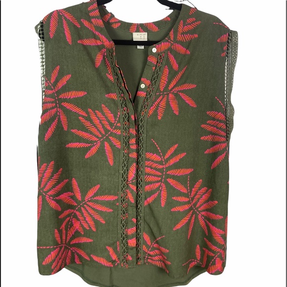 A New Day Women's Boho Green & Pink Print Sleeveless Details Top size L - Picture 2 of 11